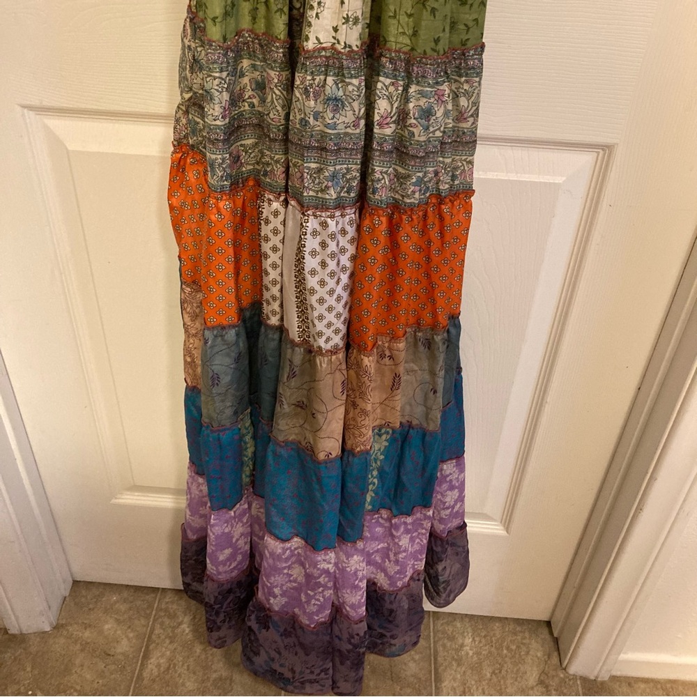 Sans Souci 100% Silk Multitexture Ruffle Boho Patchwork Maxi Dress Size M - Picture 11 of 14